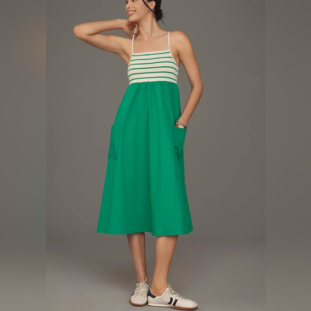 Anthropologie Green and Cream Striped Bodice Midi Dress